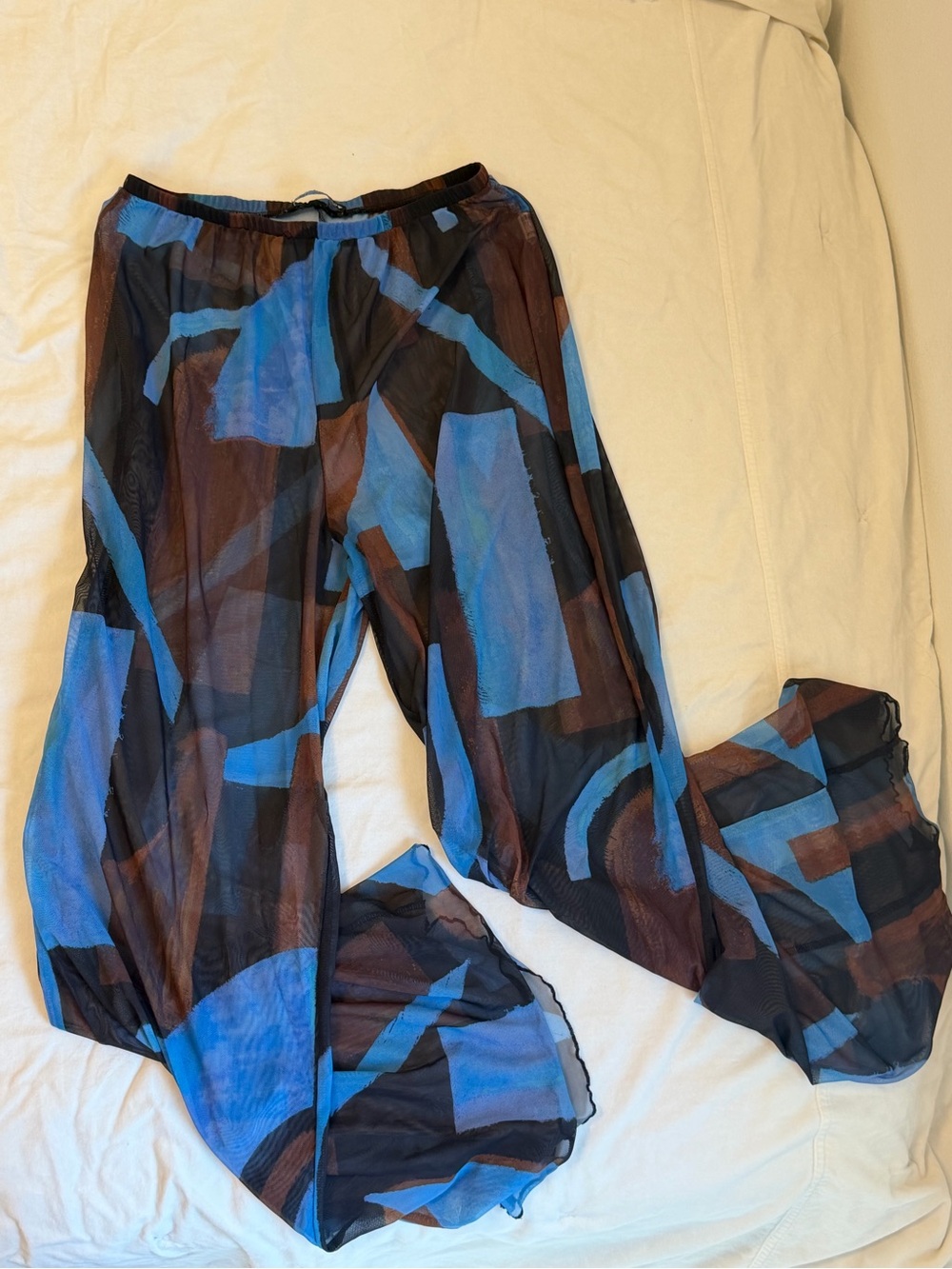 Zara Sheer Wide-Leg Pants in Blue and Brown Geometric Print